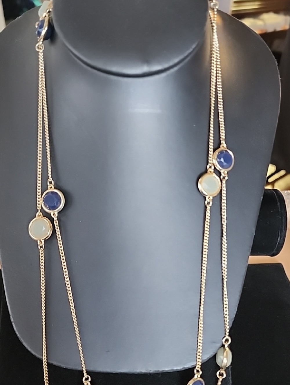 Gold-Tone Long Necklace with Blue and Pale Green Gem Accents